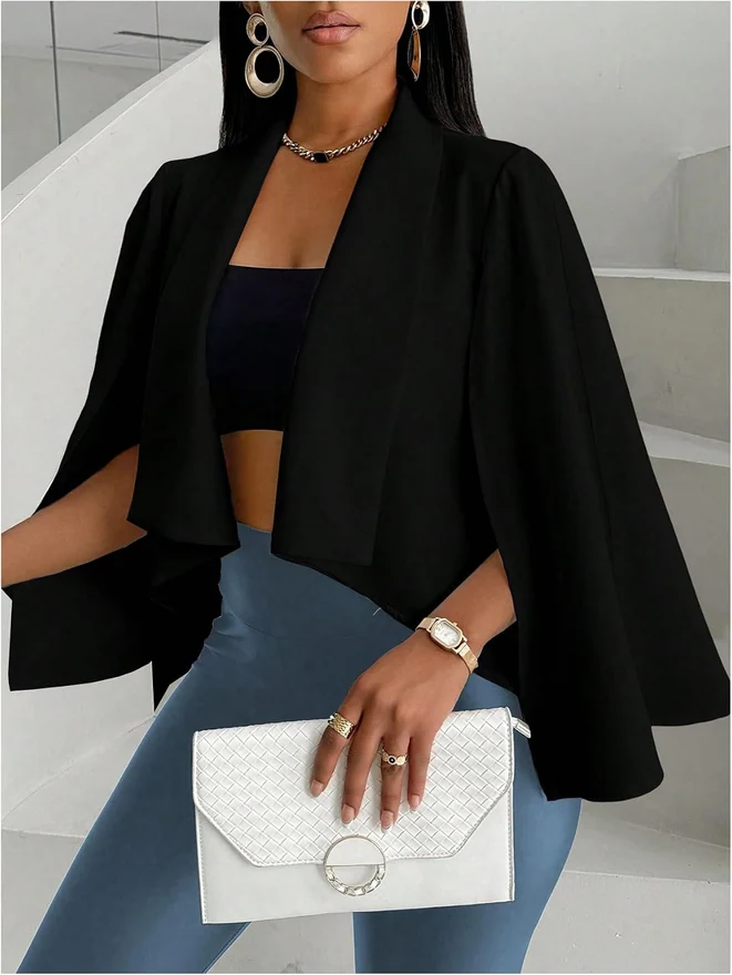 Cape Blazer Long Sleeve Cropped Blazers Jacket Coat Work by OYOANGLE, photograph 4 of 4