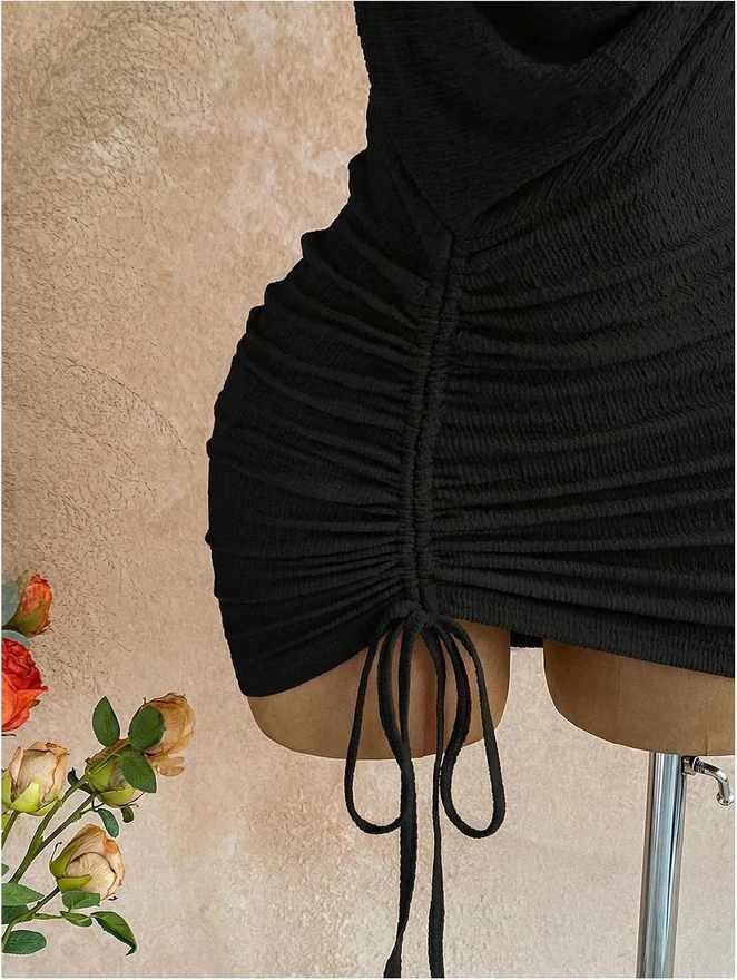 Y2K Halter Ring Linked Ruched Bodycon Mini Night Out Dress by OYOANGLE, photograph 3 of 3