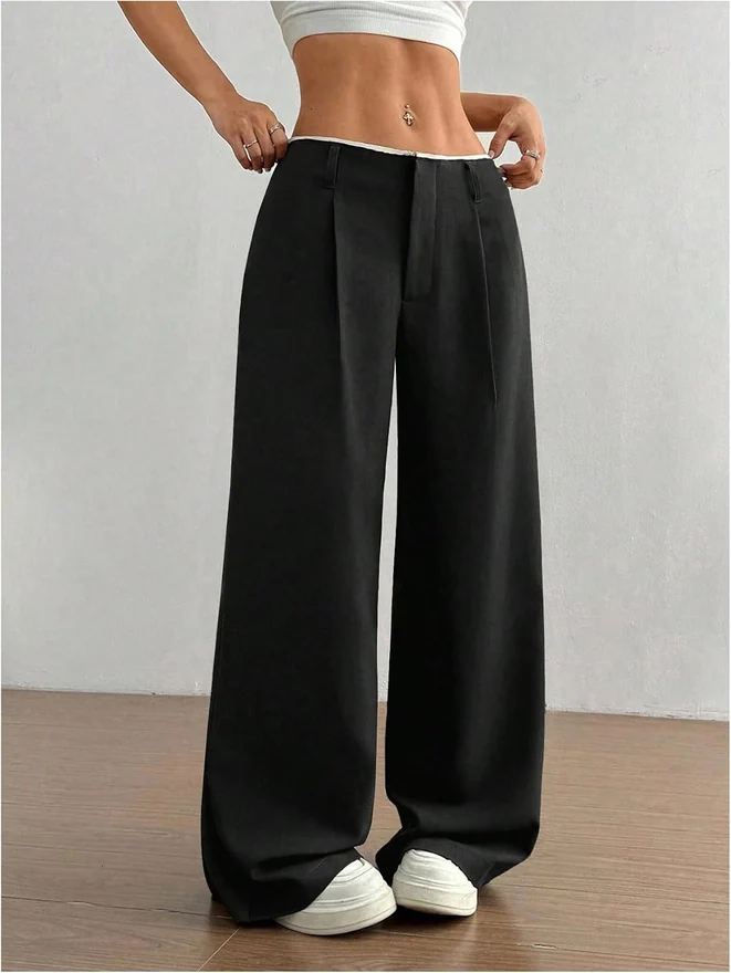 Wide Leg Slacks Low Rise Work Office Business Casual Pleated by OYOANGLE