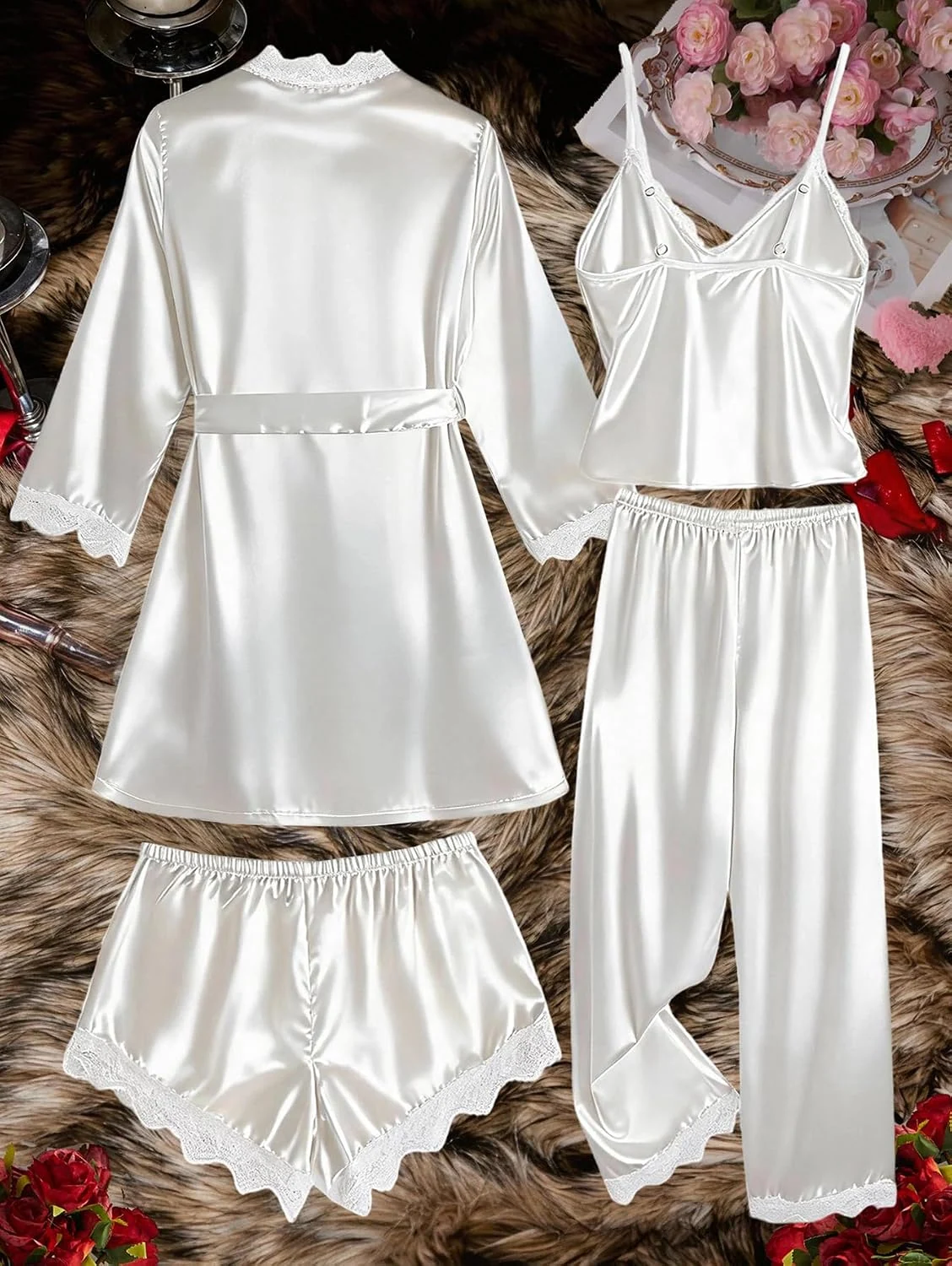 4 Piece Silky Satin Pajama Set Bridal Cute Pjs Lounge Set by OYOANGLE, photograph 1 of 4