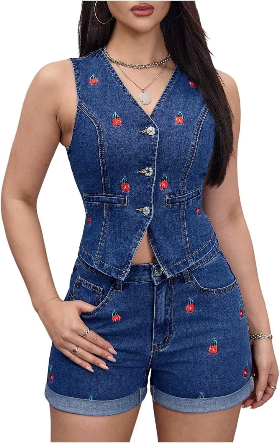 Cherry Embroidery Button Down Denim Jackets Sleeveless V Neck by OYOANGLE, photograph 1 of 4
