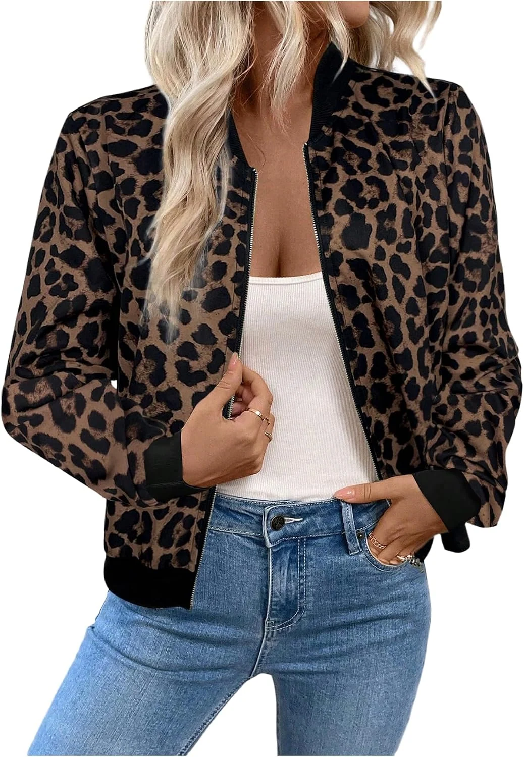 Cheetah Print Zip Up Jacket Long Sleeve Casual Lightweight by OYOANGLE, photograph 1 of 4