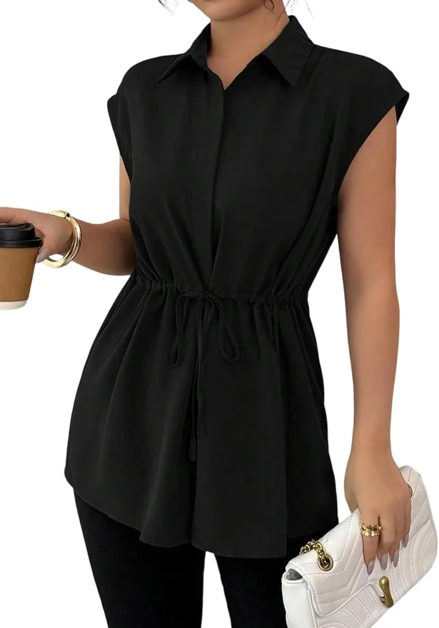 Button Down Shirt Short Sleeve Peplum Business Blouse by OYOANGLE