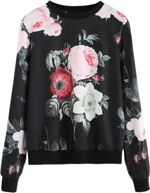 Casual Flower Print Long Sleeve Round Neck Pullover White in Black