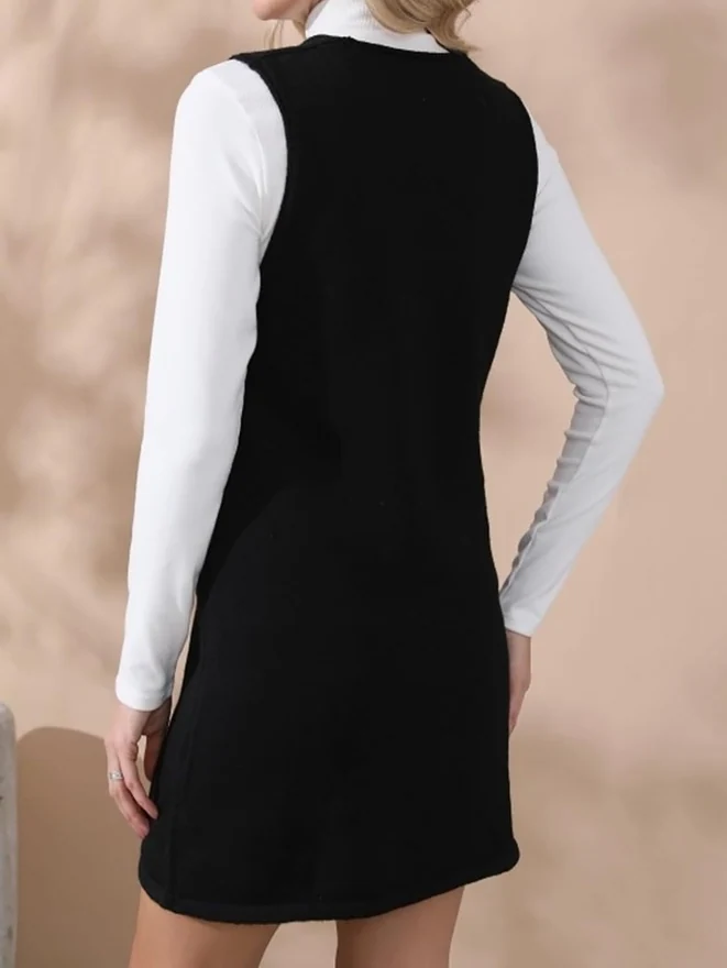 V Neck Sleeveless Knitted Solid Short Sweater Dress with Pockets by OYOANGLE, photograph 2 of 3