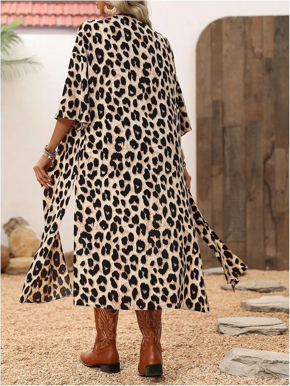 Leopard Print Open Front 3/4 Sleeve Kimono Cardigan Side Split by OYOANGLE, photograph 1 of 3