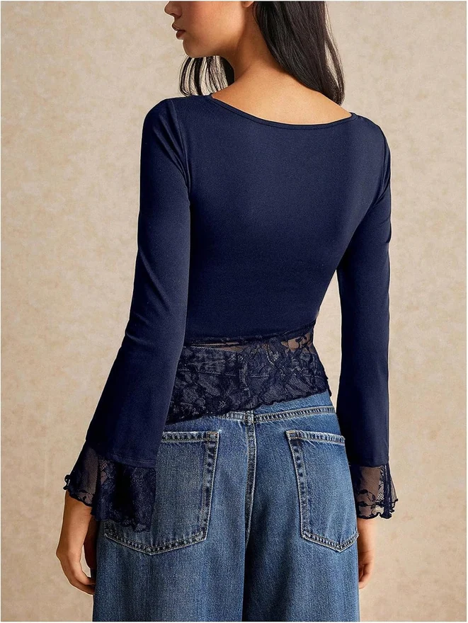 Long Sleeve Boat Neck Tops Deep Blue by OYOANGLE, photograph 3 of 4