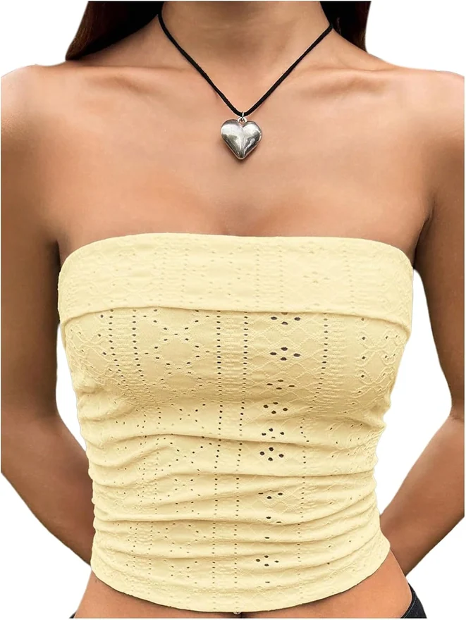 Eyelet Embroidered Tube Top Strapless Ruched Slim Fit Y2K Crop by OYOANGLE