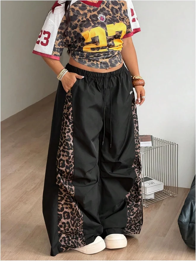 Plus Size Leopard Wide Leg Pants Drawstring Baggy Streetwear by OYOANGLE