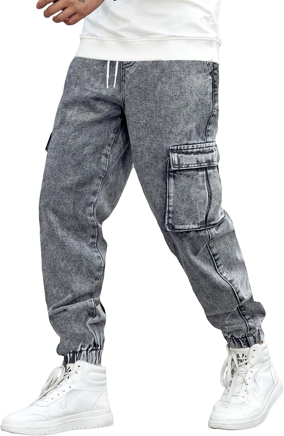 Drawstring Waist Flap Pocket Jogger Cargo Pants Carrot Denim by OYOANGLE, photograph 1 of 2