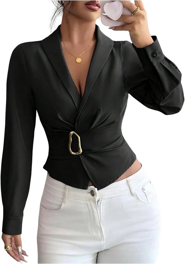 Elegant Long Sleeve Blouse Wrap Buckle Belted Dress Shirt by OYOANGLE