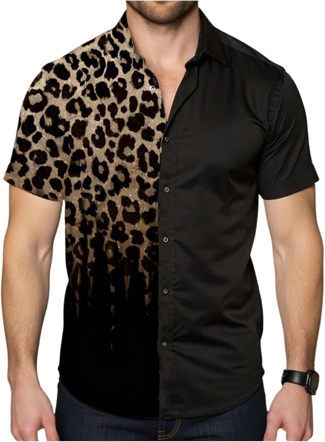 Leopard Button Down Shirts Color Block Short Sleeve Beach by OYOANGLE