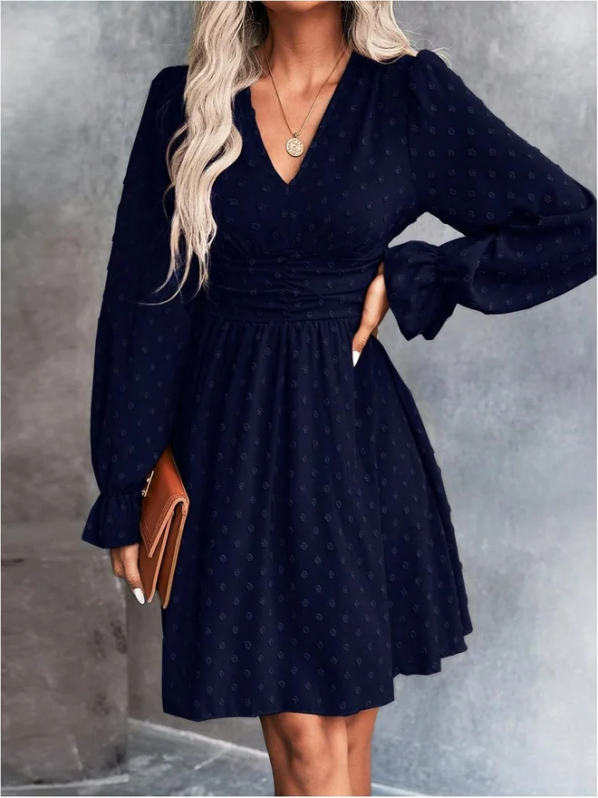 Long Sleeve Swiss Dots Ruffle Short Dresses Dark Blue by OYOANGLE, photograph 4 of 4