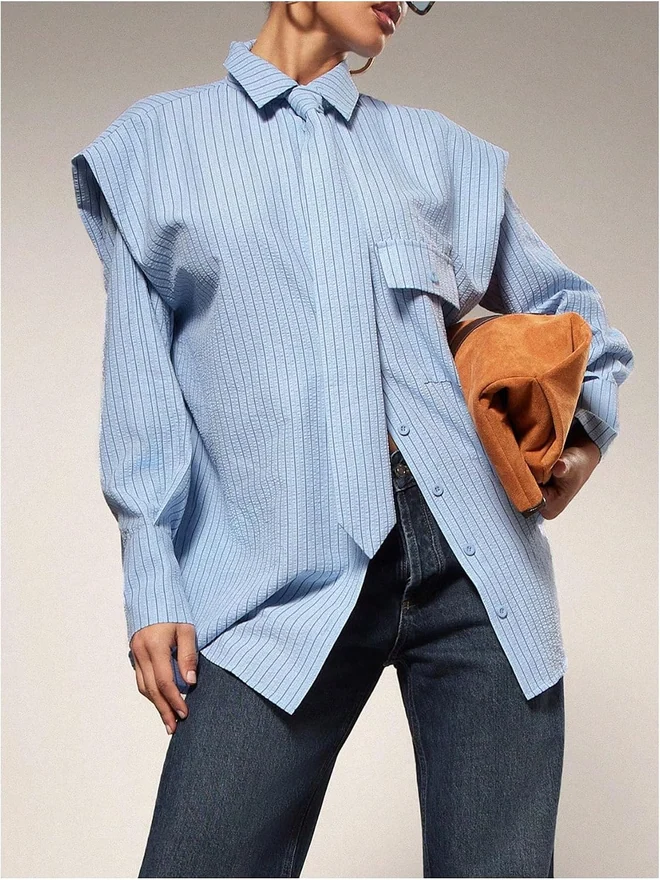 Striped Button Down Blouses Long Sleeve Oversized Shirts with by OYOANGLE, photograph 4 of 4