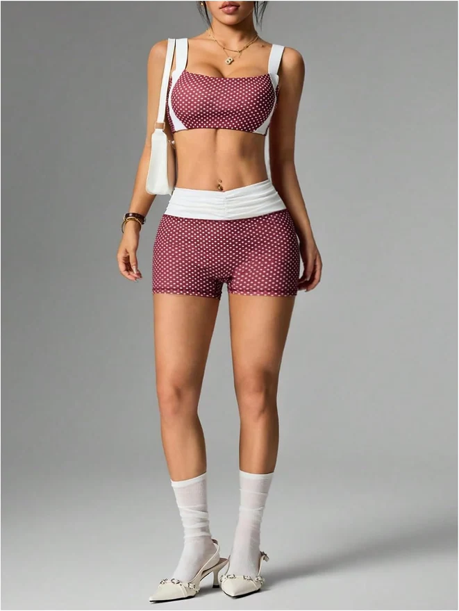 Polka Dots Workout Sets Sports Bra and Shorts Tracksuits by OYOANGLE, photograph 4 of 4