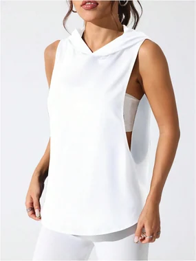 Workout Top Hooded Tank Graphic Print Gym Yoga Shirt White in White