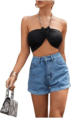High Waisted Denim Shorts Rolled Hem Straight Leg Jean Shorts in Dark Wash