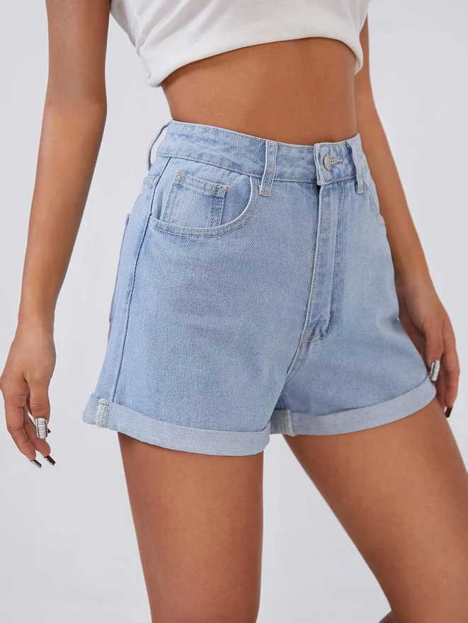 High Waisted Rolled Hem Straight Leg Denim Shorts by OYOANGLE, photograph 2 of 4