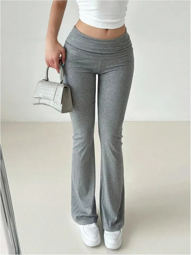 Flare Pants Elastic Waist Ruched Gym Yoga Pants Solid Casual by OYOANGLE