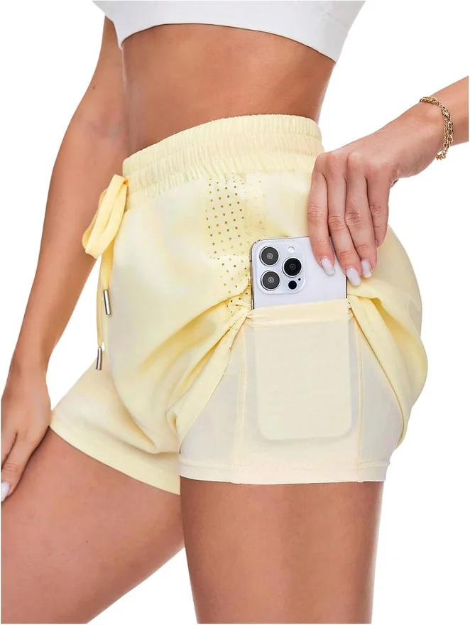 Drawstring Waist Mid Rise Athletic Shorts 2 in 1 Workout Shorts by OYOANGLE