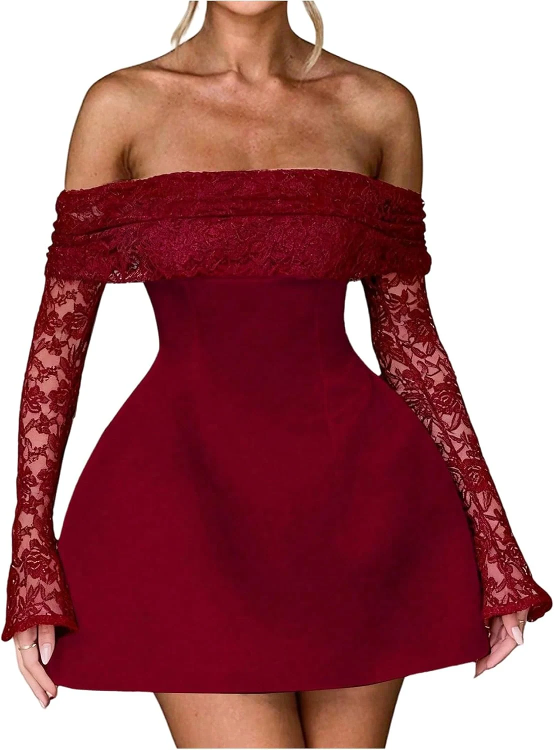 Floral Lace Off The Shoulder Dress Cocktail Mini Dresses by OYOANGLE, photograph 1 of 4