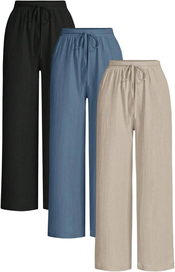 3 Pack Textured Drawstring High Waisted Travel Pants Loose Wide by OYOANGLE
