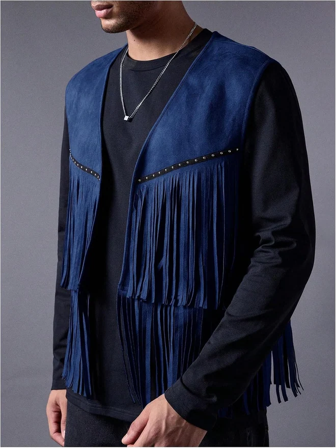 Casual Suede Top Shirt Boho Fringe Trim Open Front Sleeveless by OYOANGLE, photograph 3 of 4