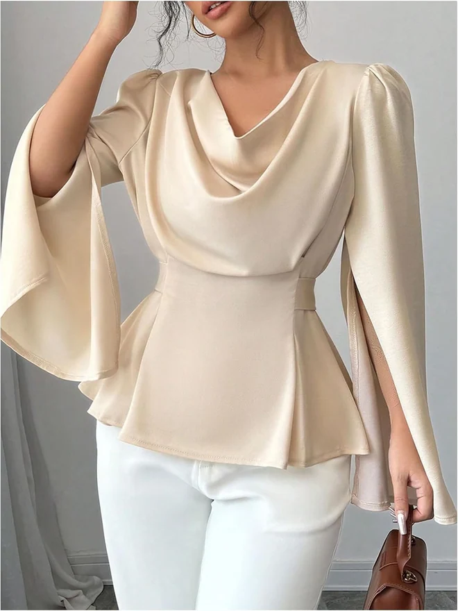 Cowl Neck Long Sleeve Satin Blouse Apricot by OYOANGLE, photograph 2 of 4