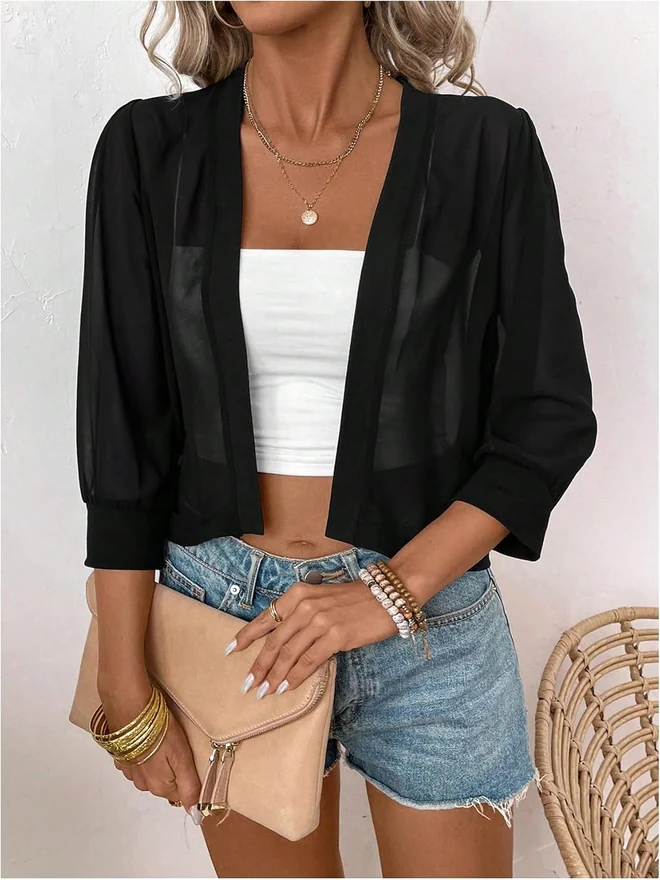 3/4 Sleeve Open Front Sheer Cropped Cardigans by OYOANGLE, photograph 2 of 4