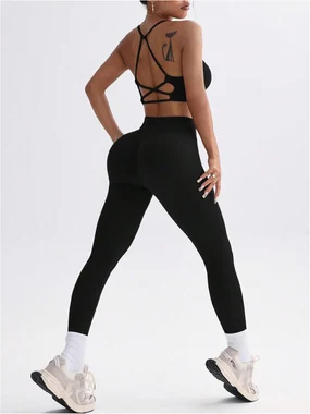 Workout Sets 2 Piece Cross Back Sports Bra Tank Top Gym Outfits in Black