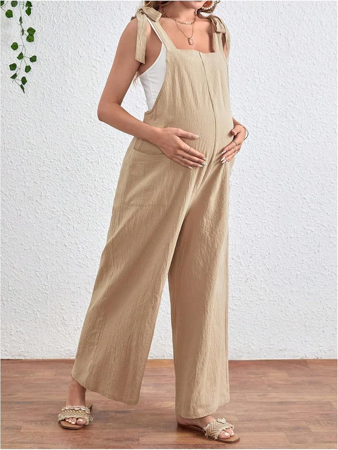 Maternity Overalls Jumpsuit Knot Shoulder Strap Sleeveless by OYOANGLE, photograph 3 of 3