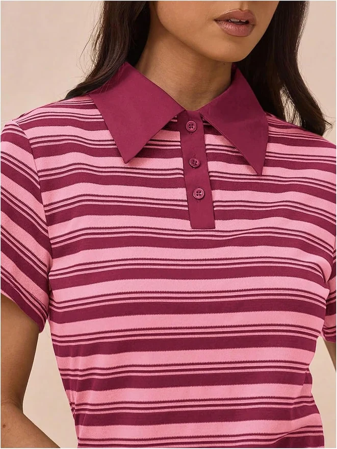 Short Sleeve Striped Shirtdress Half Button Contrast Collar Mini by OYOANGLE, photograph 2 of 3