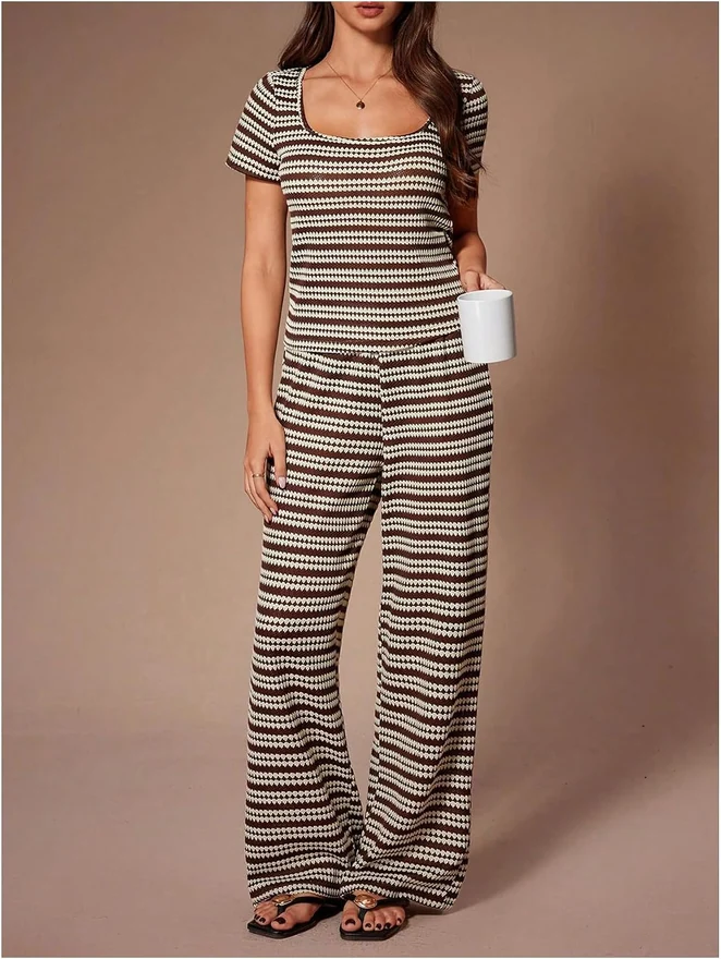 Pajama Sets Lounge Set Striped Knit Short Sleeve Top and Pants by OYOANGLE, photograph 3 of 3