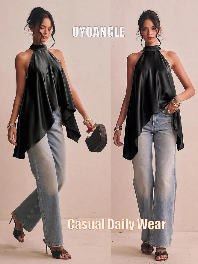 Summer Halter Going Out Top Sleeveless Asymmetrical Blouse by OYOANGLE, photograph 2 of 3