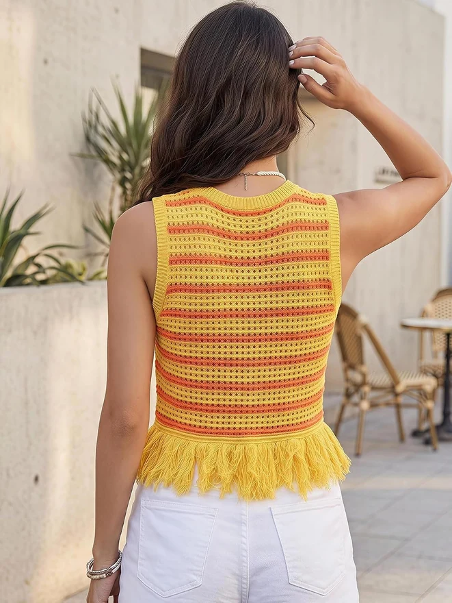 Striped Crochet Sweater Vest Boho Fringe Crew Neck Hollow Out by OYOANGLE