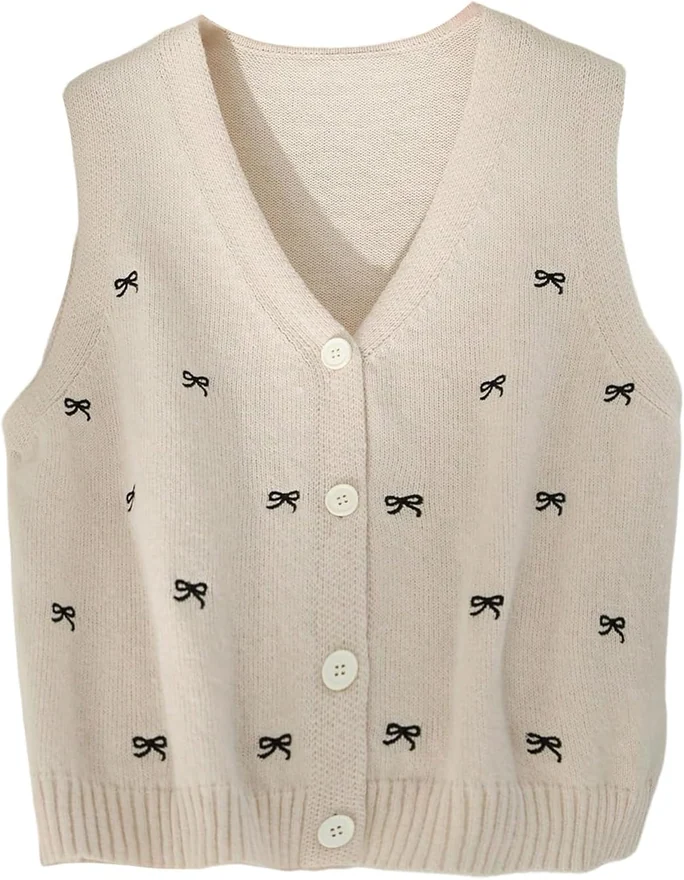 Plus Size Bow Sweater Vest Lightweight Sweater Tops by OYOANGLE, photograph 3 of 4
