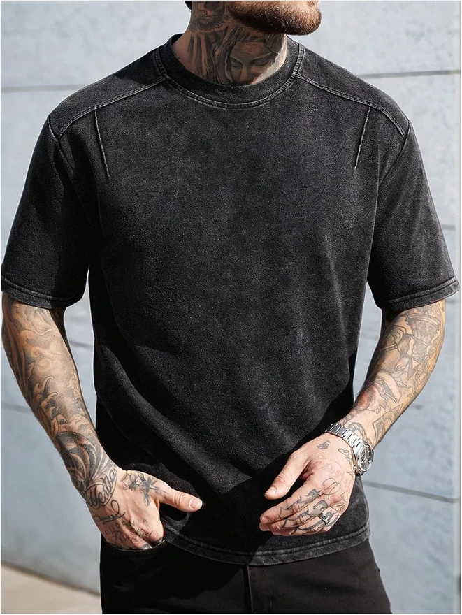Short Sleeve Washed T Shirts Crew Neck Drop Shoulder Tee Shirt by OYOANGLE, photograph 3 of 4
