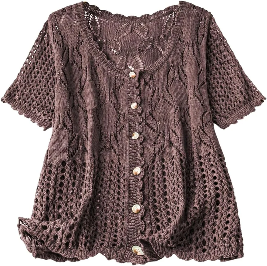 Plus Size Crochet Cardigans Short Sleeve Summer Sweaters by OYOANGLE