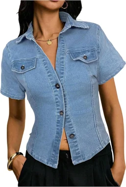 Summer Short Sleeve Button Down Denim Jackets Top Blouse in Light Wash