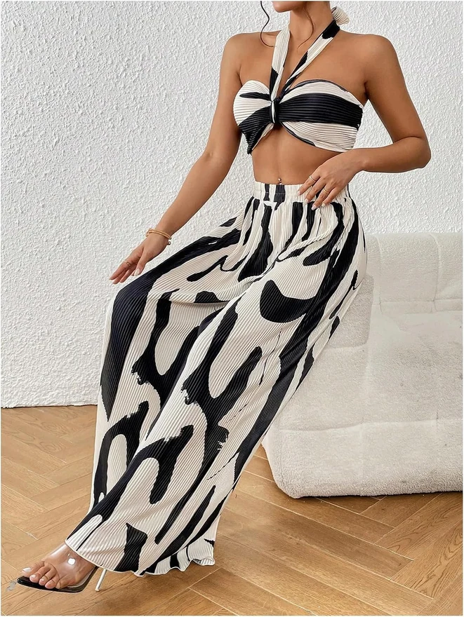 2 Piece Graphic Halter Top Wide Leg Pants Vacation Outfits by OYOANGLE, photograph 3 of 3