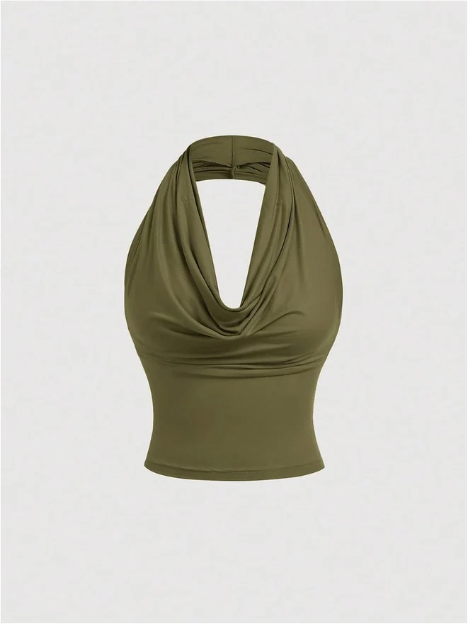 Cowl Neck Ruched Halter Tank Top Off The Shoulder Tops by OYOANGLE, photograph 2 of 4
