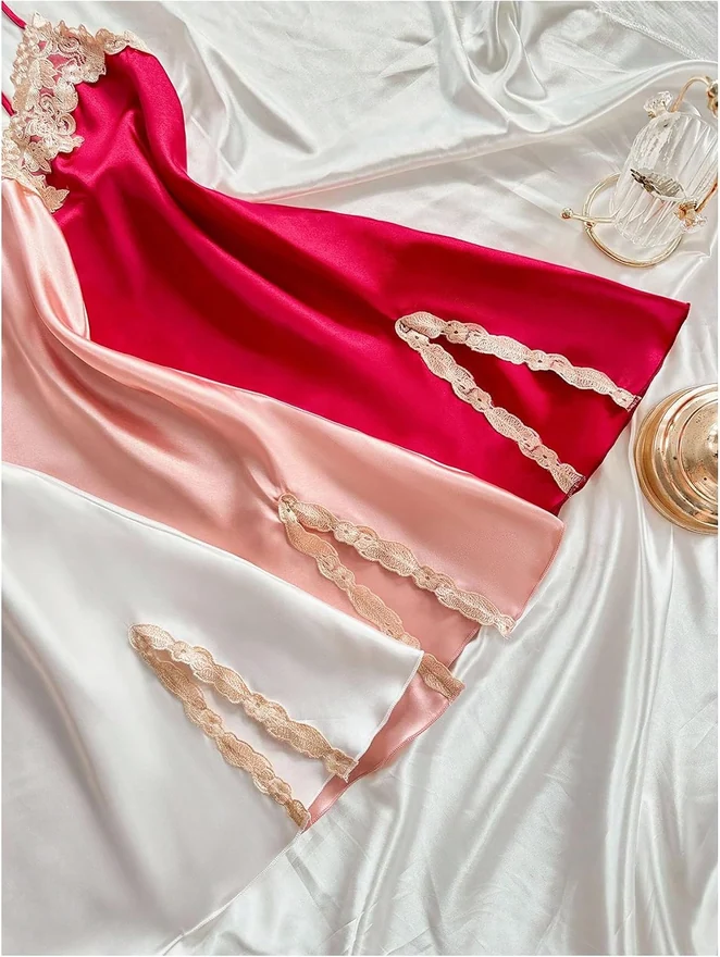 3 Pack Satin Nightgowns Lace Trim Spaghetti Strap Slit Hem Short by OYOANGLE, photograph 3 of 4