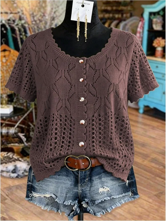 Plus Size Crochet Cardigans Short Sleeve Summer Sweaters by OYOANGLE, photograph 2 of 4