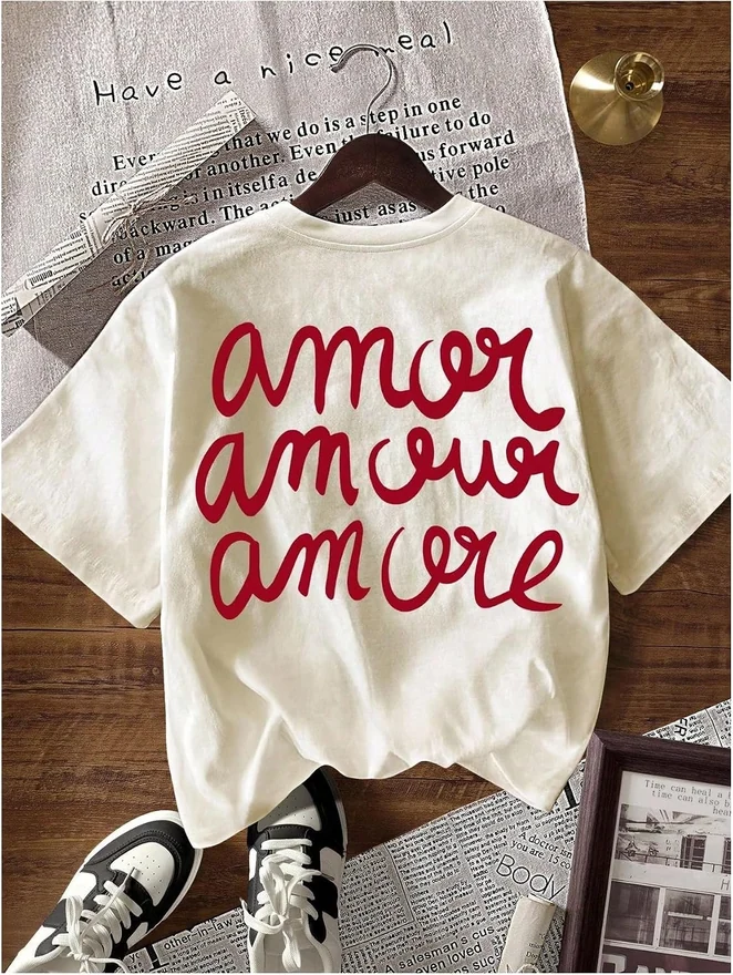 Graphic Tees Letter Print Short Sleeve Tee Shirt Drop Shoulder by OYOANGLE, photograph 2 of 4