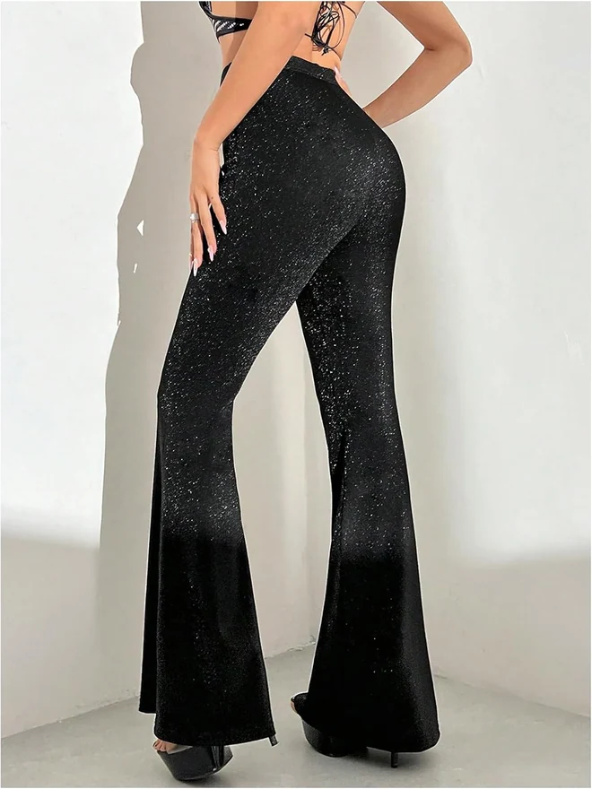 Glitter Flare Pants High Waisted Bell Bottom Sparkly Pants by OYOANGLE, photograph 2 of 3