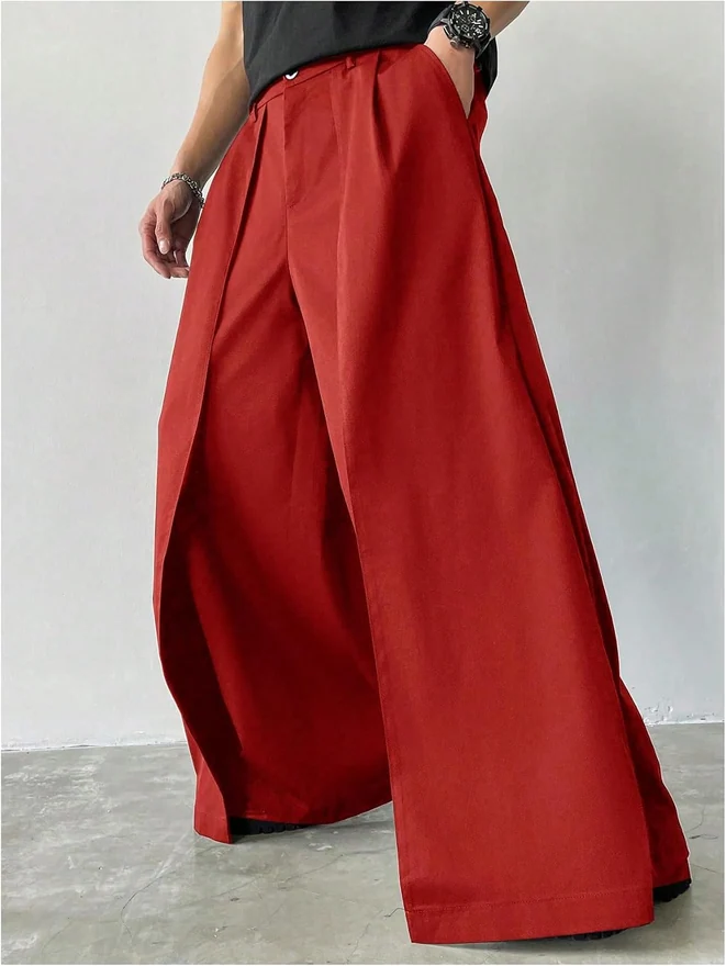Baggy Dress Pants Wide Leg Pleated Loose Work Trousers Red by OYOANGLE, photograph 3 of 3