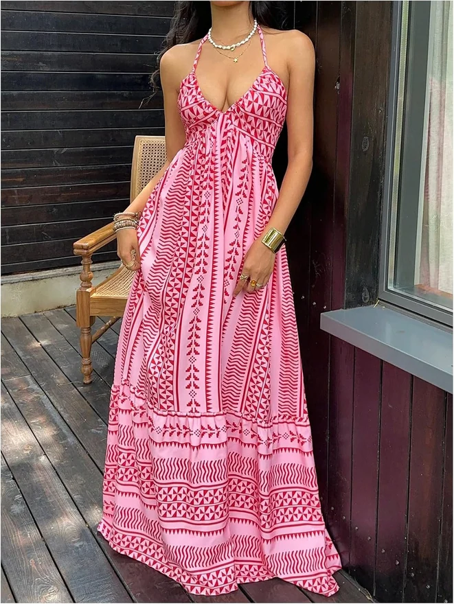 Summer Boho Maxi Dress Flowy Halter Dresses Sundress Pink by OYOANGLE, photograph 3 of 3