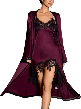 2 Piece Silky Satin Nightgown Spaghetti Strap Lace Slip Dress in Dark Burgundy