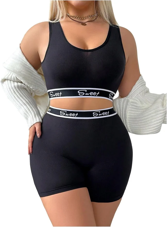 Plus Size Workout Set 2 Piece Letter Tape Sports Bra and Biker by OYOANGLE