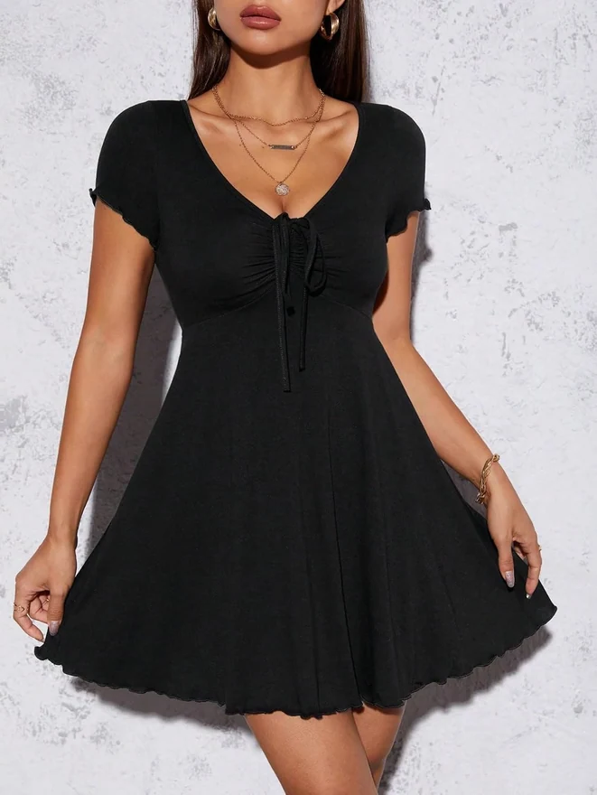 V Neck Short Sleeve Drawstring Front Ruched T-Shirt Dress by OYOANGLE, photograph 3 of 3